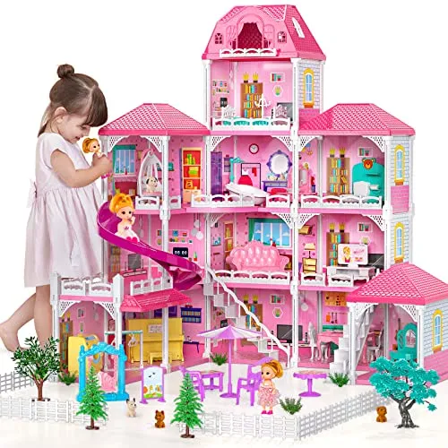 TEMI Dream House Doll House 7-8 for Girls - 4-Story 12 Rooms Playhouse 4-5 Year Old w/ 2 Dolls, Dollhouse Furniture Accessories, Pretend Cottage Toy House, Toddler for Kids Ages 3 4 5 6 7