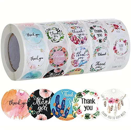 Thank You Stickers 2500 Pieces Round Kraft Label Seals Small Business Stickers for Greeting Cards Envelopes Decor or Gift Bags Packaging (5 Rolls Pattern B)