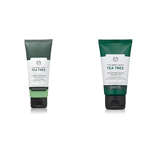 The Body Shop Tea Tree Squeaky-Clean Exfoliating Face Scrub, 3.3 Fl Oz (Vegan) and Tree Mattifying Lotion, 1.69 Fl Oz (Vegan)
