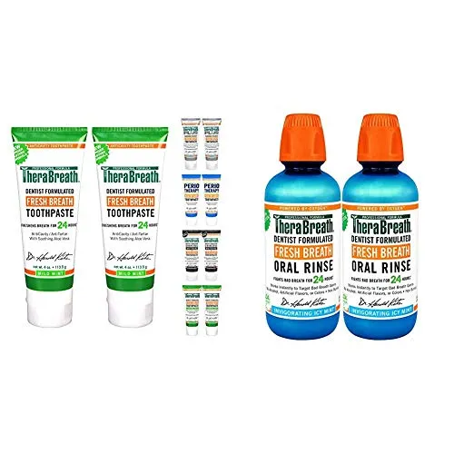 TheraBreath 24-Hour Fresh Breath Toothpaste 4 oz (Pack of 2) and TheraBreath Gluten-Free Fresh Breath Oral Rinse, ICY Mint, 16 Ounce Bottle (Pack of 2)