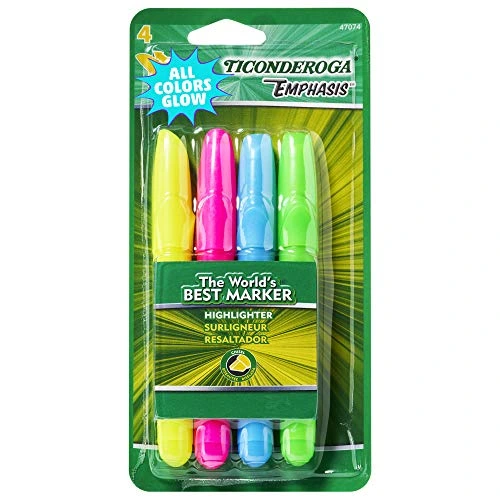 TICONDEROGA Emphasis Fluorescent Highlighters, Desk Style, Chisel Tip, Assorted Colors, 4-Pack (47074)