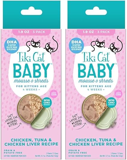 Tiki Cat Baby, Chicken Tuna & Chicken Liver Mousse & Shreds, High-Protein and Flavorful, Wet Cat Food for Kittens 4 Weeks Plus, 1.9 oz. Cans (Pack of 6)