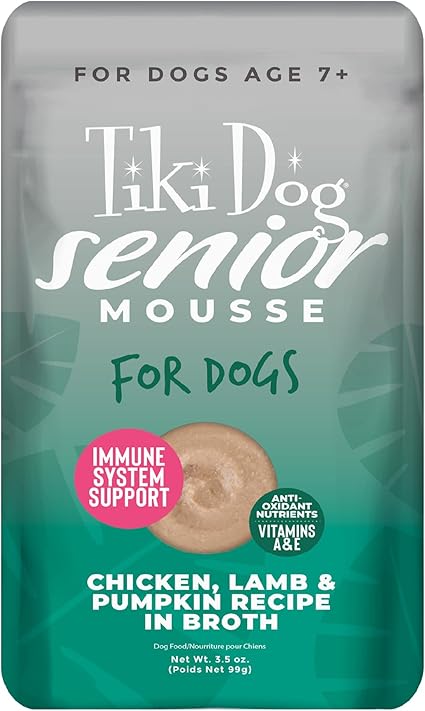 Tiki Dog Senior Mousse Wet Dog Food, Chicken, Lamb & Pumpkin Recipe, 3.5 oz. Pouch (12 Count)