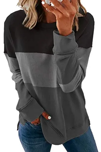 Tiksawon Womens Ladies Winter Fashion Color Block Crew Neck Long Sleeve Casual Oversizes Sweatshirts Lightweight Side Split Tunic Tops Blouses Black M