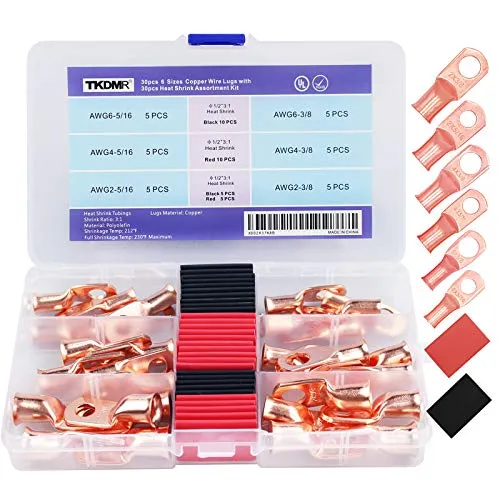 TKDMR 60pcs AWG Battery Cable Lugs 2/4/6 Gauge UL Listed Heavy Duty Wire Lugs, Bare Copper Eyelets Tubular Ring Battery Cable Ends with 3:1 Heat Shrink Tubing Assortment Kit.