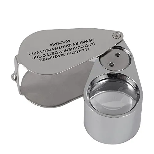 tm-home 40X Full Metal Illuminated Jewelers Loupe Magnifier with Folding Design, Pocket Magnifying Glass with LED Light (LED Currency Detecting/Jewelers Identifying Type)