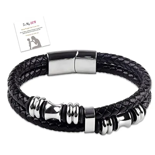 To My Son, Leather Bracelet for Men Black Stainless Steel Braided Bracelet