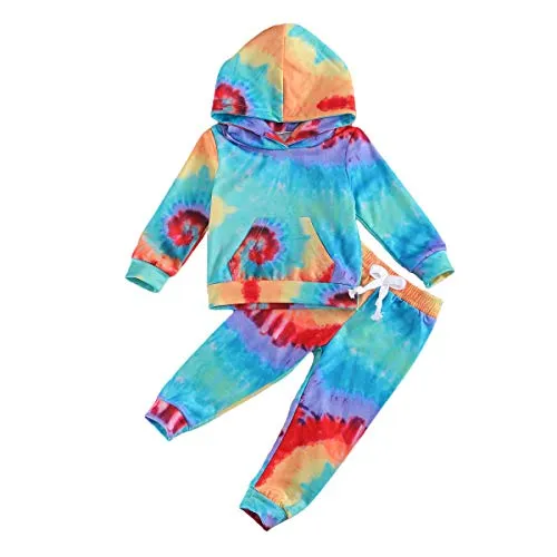 Toddler Baby Girl Boy Fall Winter Clothes Tie Dye Hoodie Long Sleeve Sweatshirt Top Pants Velvet Tracksuit Set 2 Pcs (C- Blue & Yellow, 1-2T)