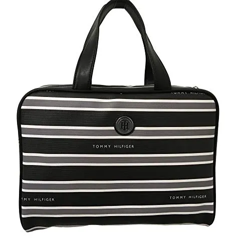 Tommy Hilfiger Folding Cosmetic Case Black White and Gray Striped Travel Bag Organizer