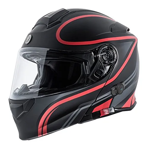 TORC Unisex-Adult Full-face Style T28B Bluetooth Integrated Motorcycle Helmet with Graphic (Matte Black Red, Large)