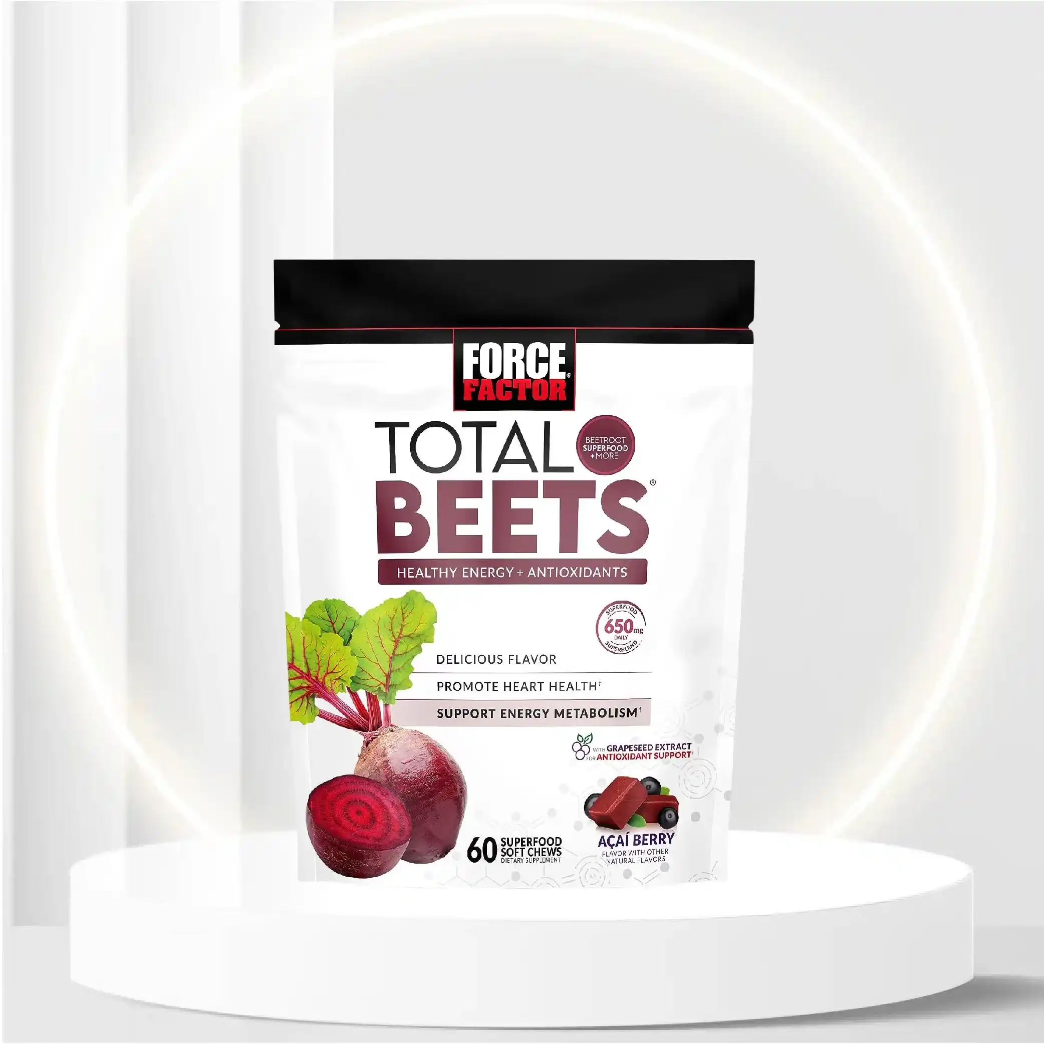 Total Beets Soft Chews with Beetroot, Nitrates, L-Citrulline, Grapeseed Extract, and Antioxidants, Healthy Energy Supplement with Elite Ingredients, Heart Health Superfood, Force Factor, 60 Chews