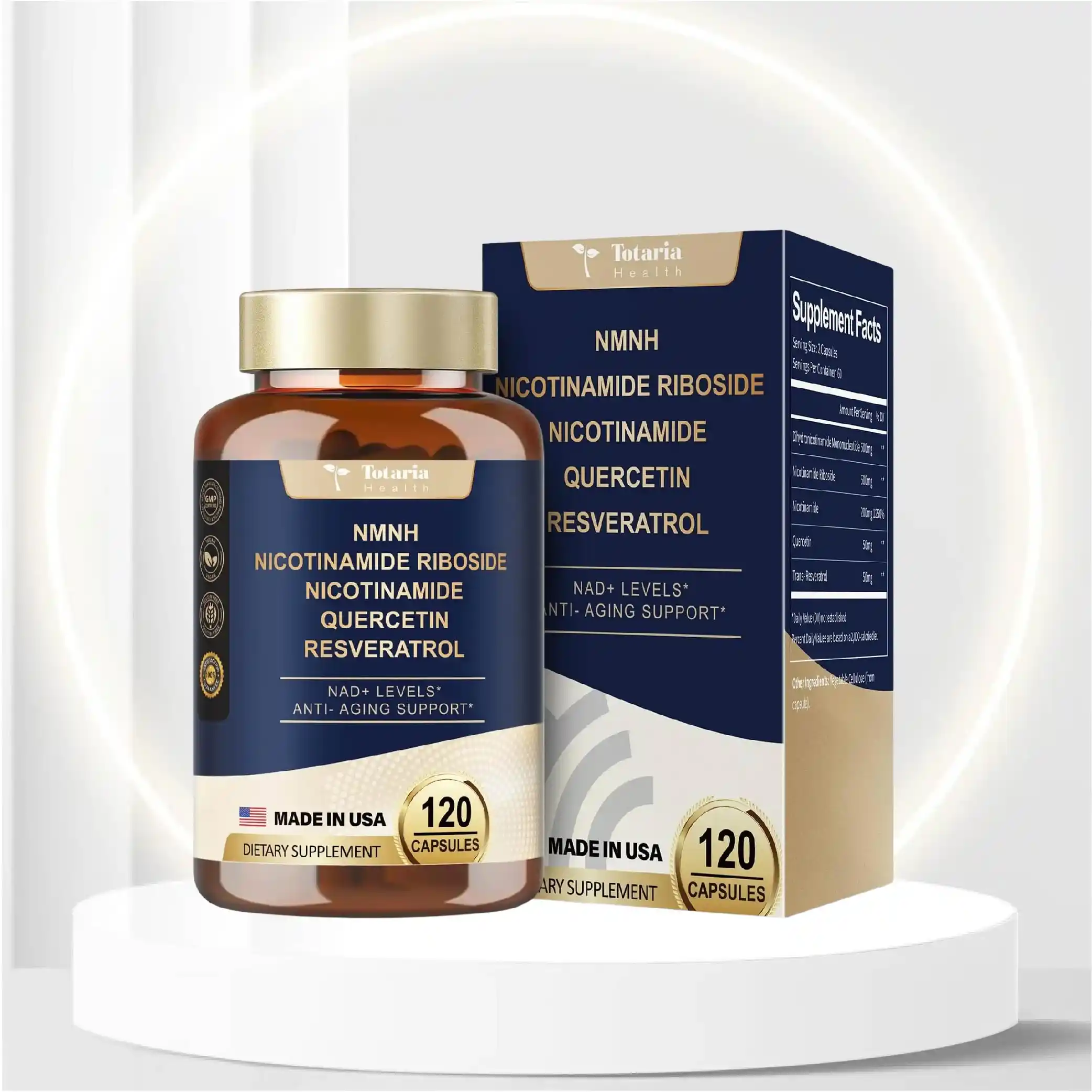 NMNH (Dihydronicotinamide Mononucleotide), Premium NMN Alternative Supplement with Flash-Free Niacinamide (Vitamin B3), Quercetin, and Trans-Resveratrol, 120 Capsules