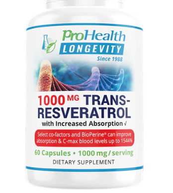 Trans-Resveratrol (1000 mg per 2 capsule serving, 60 capsules) by ProHealth Longevity