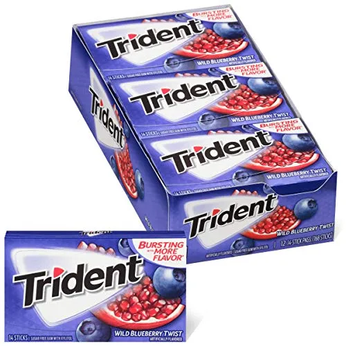 Trident Wild Blueberry Twist Sugar Free Gum, Made with Xylitol, 12 Packs of 14 Pieces (168 Total Pieces)