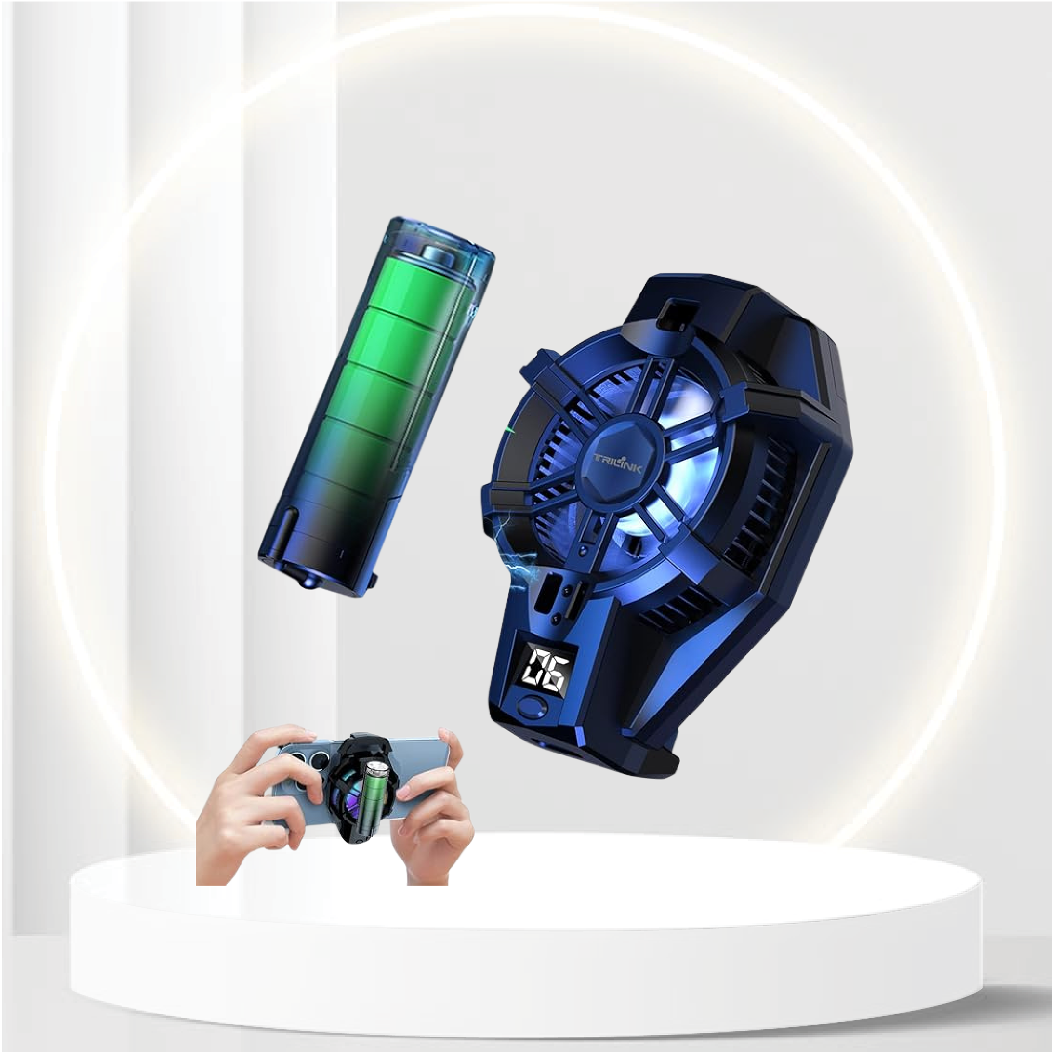 TRILINK Phone Cooler with Rechargeable Battery, Phone Cooling Fan for Gaming Fit All Types of iPhone Android Smartphones, Mobile Phone Radiator with LED Temperature Display/Universal Clamp/RGB LEDS