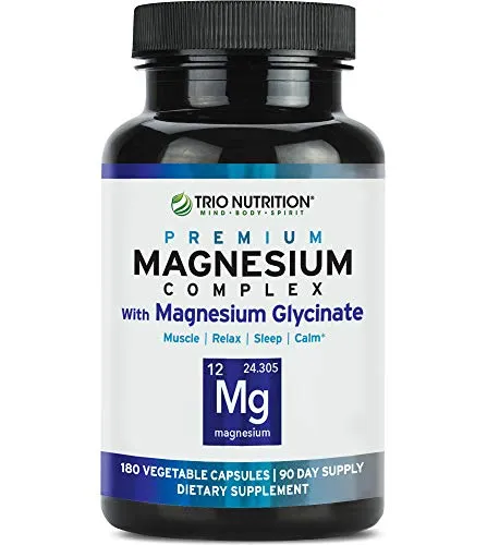 Trio Nutrition Magnesium Complex 90 Day Supply Fresh Magnesium Glycinate Chelated  Vitamin B6 for Rapid Absorption  Max Calm, Sleep, Muscle, Relaxation & Recovery Veggie Capsule, 100% DV