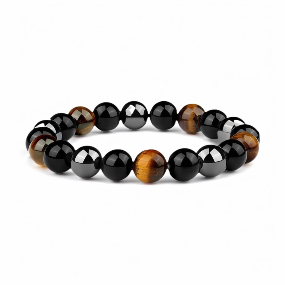 Triple Protection Bracelet - 10mm Bead Bracelet for women men With Natural Stones of Tiger Eye Hematite and Black Obsidian