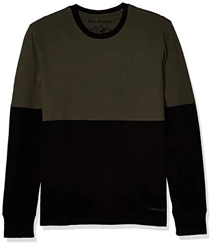 True Religion Men's Long Sleeve Block Crewneck Shirt, Military Green, X-Large
