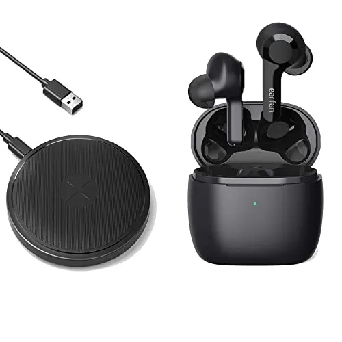 True Wireless Earbuds, EarFun Air Bluetooth Earbuds with IPX7 Waterproof with 4 Mic and EarFun Wireless Charger, Qi-Certified 15W Max Fast Wireless Charging Pad Compatible with iPhone