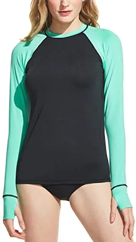 TSLA Women's UPF 50+ Rash Guard Long Sleeve, UV/Sun Protection Swim Shirts, Water Beach Surf Swim Top, Finger Hole(fsr40) - Black & Emerald, X-Small