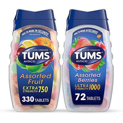TUMS Antacid Chewable Tablets for Heartburn Relief 330ct, Extra Strength, Assorted Fruit and Tums Ultra Strength 1000 Antacid, Assorted Berries, 72 Tablets