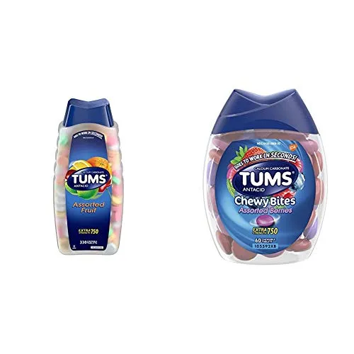 TUMS Antacid Chewable Tablets for Heartburn Relief 330ct, Extra Strength, Assorted Fruit and TUMS Chewy Bites Assorted Berries Antacid Hard Shell Chews for Heartburn Relief, 60 Count