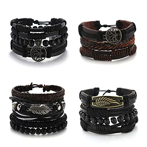 Turandoss 15 Pcs Braided Leather Bracelets for Men Women Cuff Wrap Bracelet Wood Beads Ethnic Tribal Bracelets Adjustable Wing Feather Tree of Life Wrap Bracelet for Men Family Party Bracelet