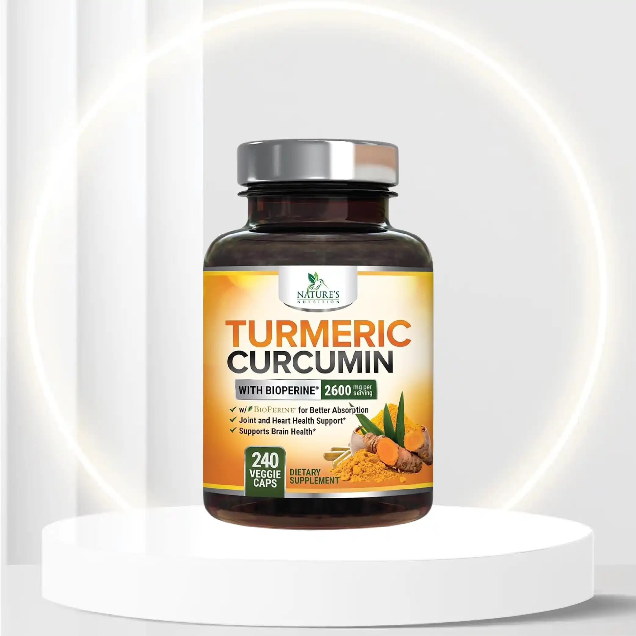 Turmeric Curcumin Supplement with BioPerine 95% Curcuminoids 2600mg with Black Pepper for Best Absorption, Bottled in USA, Best Natural Vegan Joint Support, Natures Non-GMO Tumeric - 240 Capsules
