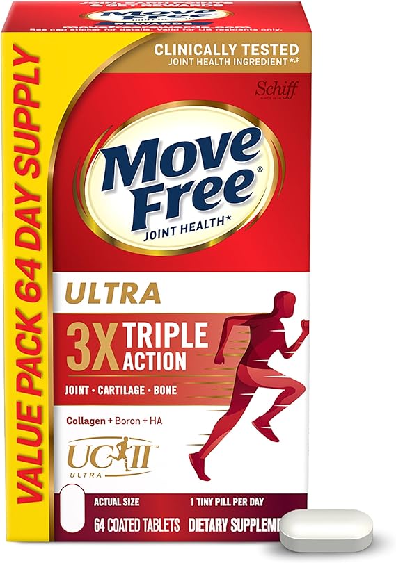 Type II Collagen & Boron - Move Free Ultra Triple Action Joint Support Tablets (64 Count in A Box), for Joint Comfort, Supports Healthy Bones, Helps Preserve and Maintain Cartilage, 1 Tiny Pill A Day