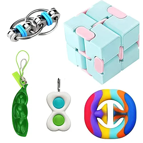 U-Zomir 5 Pack Fidget Toy Infinity Cube Fidget Bike Chain Hand Grip Squeeze Grab Snap Squeeze Bean Party Keychain Sensory Fidget Toy Stress Relief Toys (Blue)