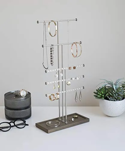 Umbra Trigem 5 Table Top Box Tray Base Hanging Jewelry Organizer Tiered Tabletop Countertop Free Standing Necklace Holder Display, Barnwood/Nickel
