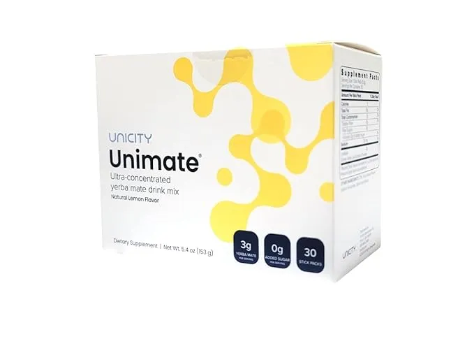 Unicity Unimate Natural Lemon Ultra Concentrated Yerba Mate Drink Mix (30 Packets) - Alternative to Coffee and Energy Drinks (30-Day Supply)