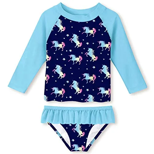 UNIFACO Baby/Toddler Girl Swimsuit Rashguard Galaxy Unicorn Dark Purple Swimwear Long Sleeve One-Piece 7-8T