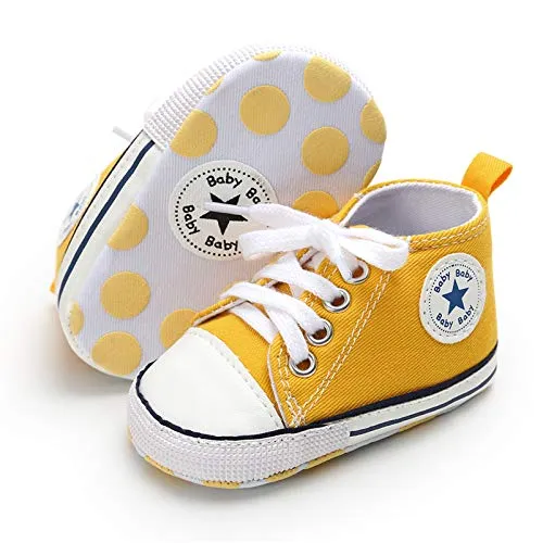 Unisex Baby Boys Girls Canvas Sneakers Soft Soled High-Top Ankle Infant Crib Shoes Toddler First Walkers Yellow