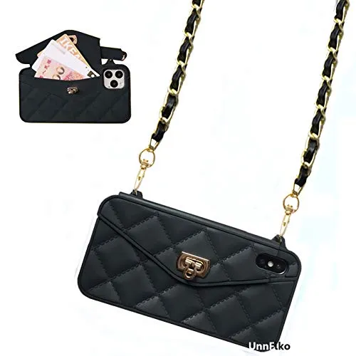 UnnFiko Wallet Case Compatibleï¿½with iPhone 11 Pro Max, Cute Light Luxury Bag Design, Purse Flip Card Pouch Cover Soft Silicone Case with Handstrap Long Shoulder Strap (Black, iPhone 11 Pro Max)