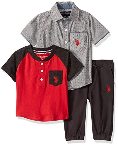U.S. Polo Assn. Baby Boy's Short Sleeve Woven Shirt, Henley T-Shirt, and Jogger Set Pants, Grey Red Multi Plaid, 24M