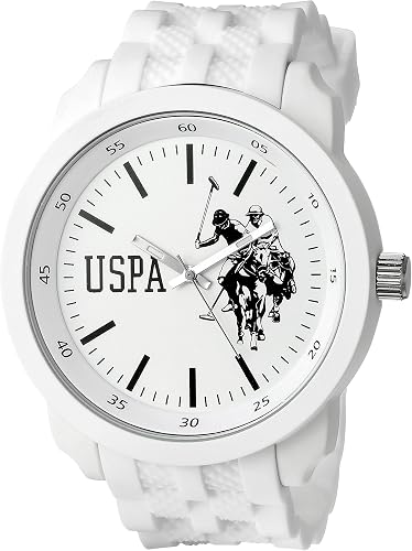 U.S. Polo Assn. Menâs White Sport Watch with Silicone Strap, 50mm Case, Analog Quartz Movement, Bold Dial, Box Included, Adjustable Fit 5.5