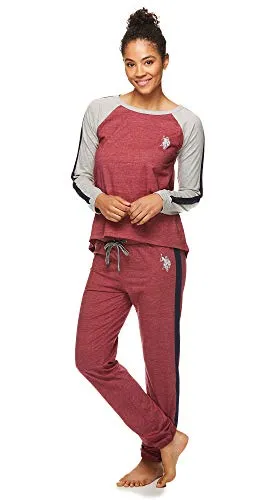 U.S. Polo Assn. Womens Long Sleeve Shirt and Lounge Pajama Pants Sleep Set Deep Red Heather Large