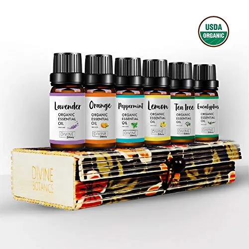 USDA Organic Essential Oils In Handmade Wooden Box - Aromatherapy Therapeutic Stress Relief | Lavender Peppermint Tea Tree Lemon Orange Eucalyptus - Perfect Gift for Women
