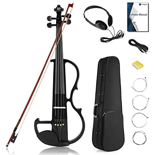 Vangoa Electric Violin Full Size 4/4, Black Silent Electric Violin, Solid Wood Metallic Electric Fiddle with Ebony Fittings, Beginner Kit for Adults Teens