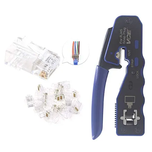 VCE 50-Pack CAT6 Pass Through Modular Plugs Bundle with RJ45 Pass-Through Network Crimping Tool Ethernet