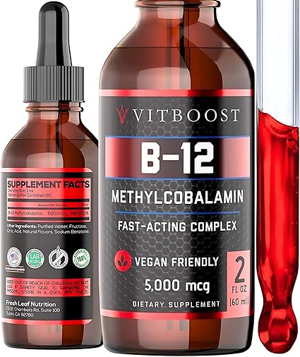 Vegan Liquid B-12 Drops 60 x 5000 mcg Extra Strength Raspberry Flavored Vitamin B12 Liquid Methylcobalamin sublingual Supplement | Designed to Maximize Absorption & Energy | Gluten Free