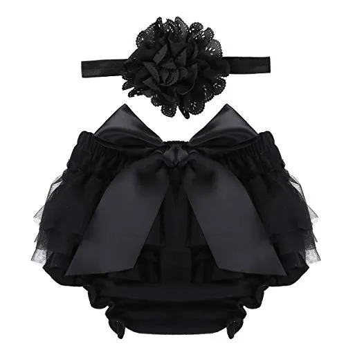 Venjoe Infant Baby Girls Bowknot Ruffled Bloomers Skirts Diaper Covers with Flower Headband Set for Photography Props Black 6-9 Months