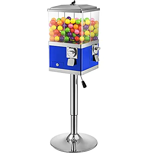 VEVOR Vending Machine with Stand, Blue Quarter Candy Dispenser, Rotatable Four Compartments Square Candy Vending Machine, PC & Iron Large Gumball Bank Adjustable Dispenser Wheels for 1 inch Gumballs