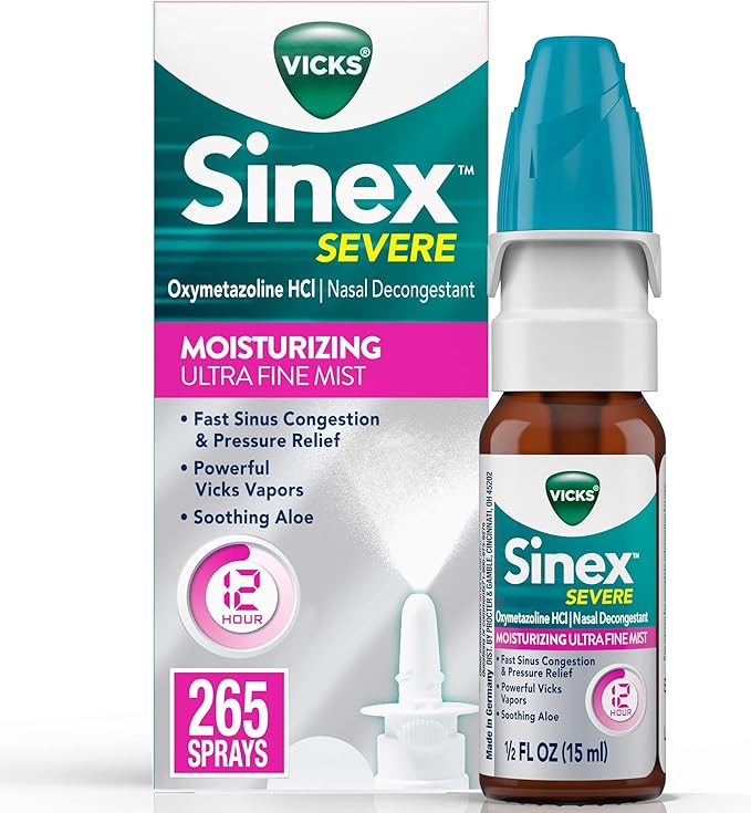 Vicks Sinex SEVERE, Nasal Spray, Moisturizing Ultra Fine Mist with Soothing Aloe, Sinus Decongestant for Fast Relief of Cold & Allergy Congestion, Sinus Pressure Relief, 0.5 FL OZ (15 ml)
