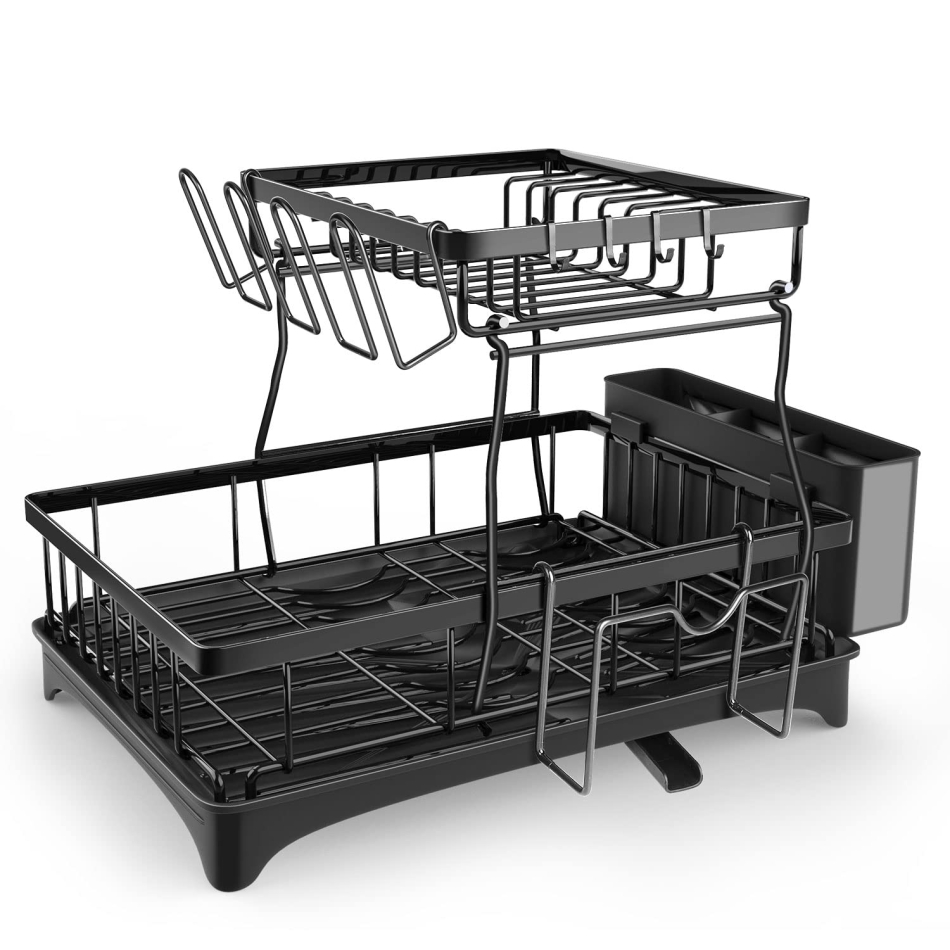 vikiciy Dish Drying Rack and Drainboard Set,2 Tier Dish Rack with Auto-draining Tray and Drying Mat for Kitchen Counter Dish Drainers with Utensil Holder, Cutting Board Holder
