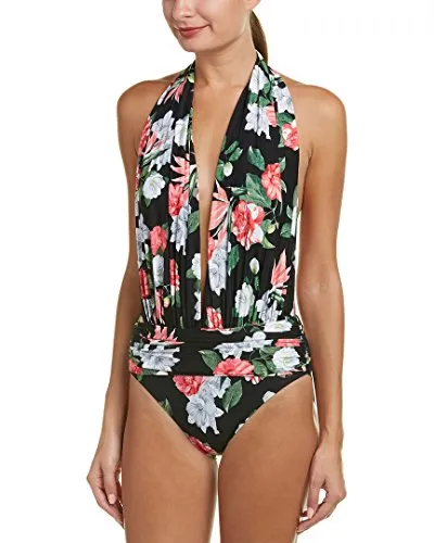 Vince Camuto Women's Open Back Halter Plunge One Piece Swimsuit, Tropical Black, 14