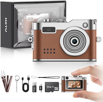 Vintage Mini Digital Camera, Keychain Camera 1080P HD with 2MP Lens, Flash, Video Recording, 32G Card Included, Portable and Compact Retro Vlog Camera for Travel, Kids, Brown