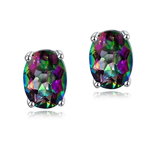 Vintage Oval Rainbow Stud Earrings 18K White Gold Plated Hypoallergenic 6x8mm for Women Little Girls Birthday Gifts