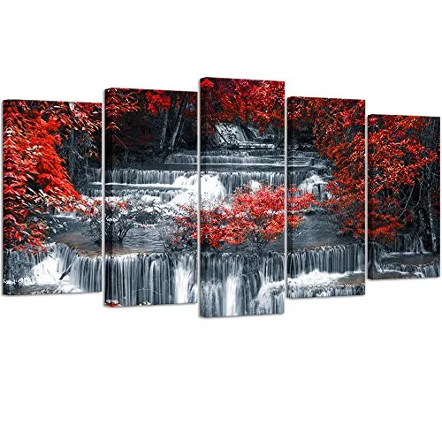 Visual Art Decor 5 Pieces Canvas Wall Art Red Trees Forest Black and White Waterfall Landscape Picture Prints Modern Home Office Wall Decoration Ready to Hang (01 5 Pieces)